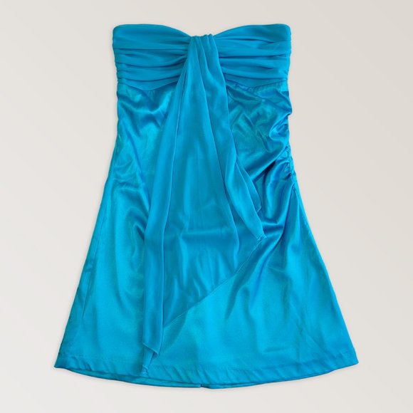 Blue Strapless Satin Mini Dress, Prom Party Night Dress - Picture 3 of 7